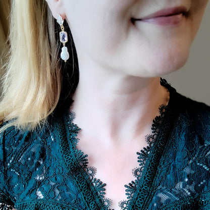 Purple bridal earrings | Dainty long art deco earrings | Light violet wedding jewelry | Elegant freshwater pearl dangle earrings for bride