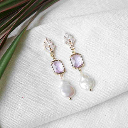 Purple bridal earrings | Dainty long art deco earrings | Light violet wedding jewelry | Elegant freshwater pearl dangle earrings for bride