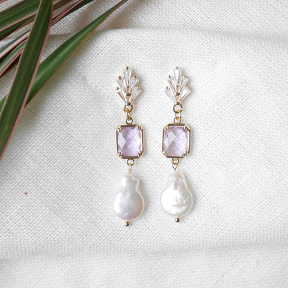 Purple bridal earrings | Dainty long art deco earrings | Light violet wedding jewelry | Elegant freshwater pearl dangle earrings for bride