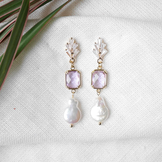 Purple bridal earrings | Dainty long art deco earrings | Light violet wedding jewelry | Elegant freshwater pearl dangle earrings for bride