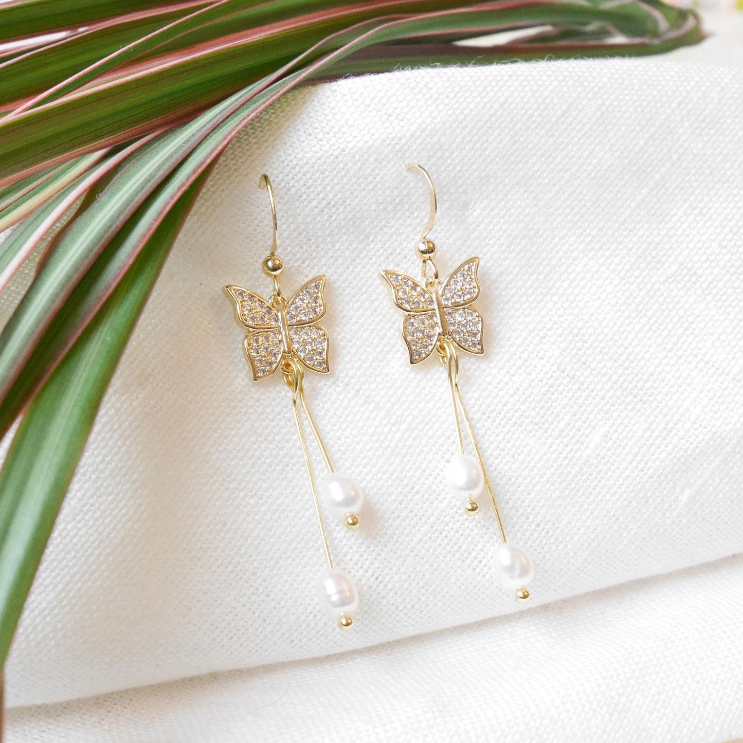 Butterfly pearl dangle earrings | Long freshwater pearl drop earrings | Ethereal dainty light-weight jewelry | Fairytale romantic gift idea