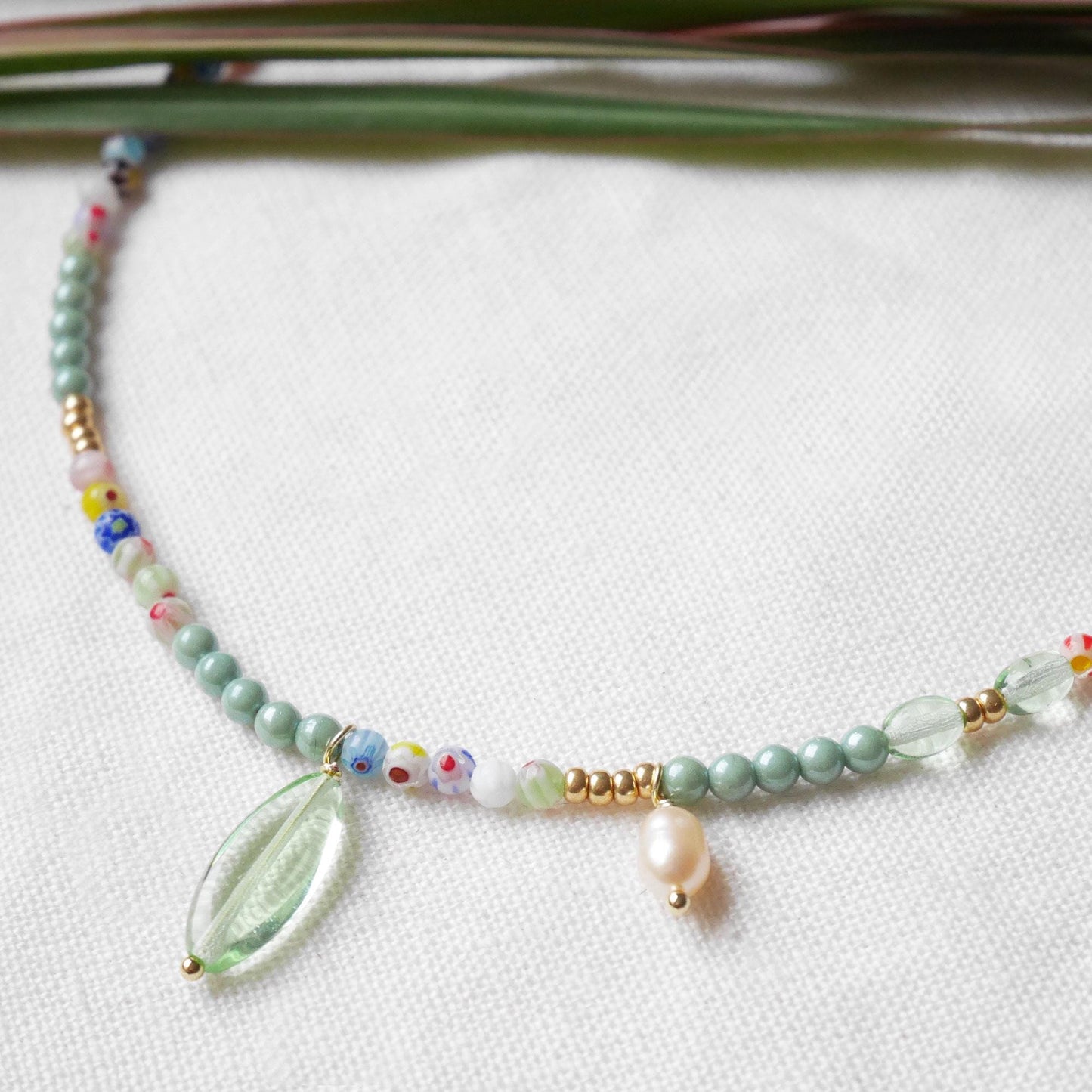Millefiori green bead necklace | Mint green beaded necklace | Colorful glass beads jewelry | Dainty light pearl charm choker gift for her