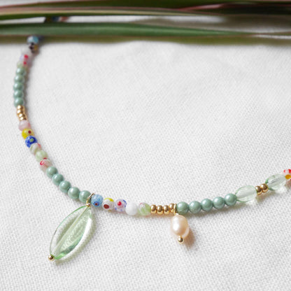 Millefiori green bead necklace | Mint green beaded necklace | Colorful glass beads jewelry | Dainty light pearl charm choker gift for her