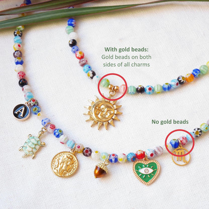 Colorful custom charms necklace | Personal Christmas gift | Millefiori glass bead choker with your choice of pendants | Cute present for her
