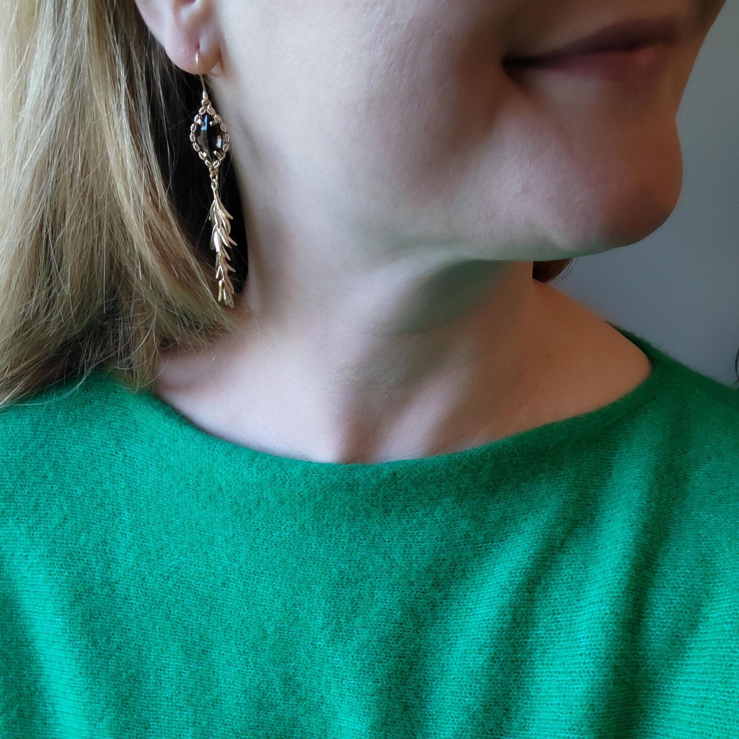 Long smoky leaf earrings | Elegant gold dangle earrings | Glamorous rosemary leaves jewelry | Vintage style statement earrings gift for her