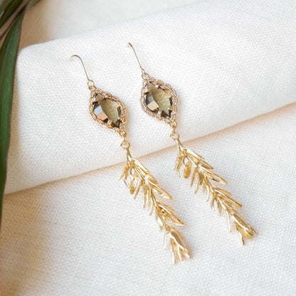 Long smoky leaf earrings | Elegant gold dangle earrings | Glamorous rosemary leaves jewelry | Vintage style statement earrings gift for her