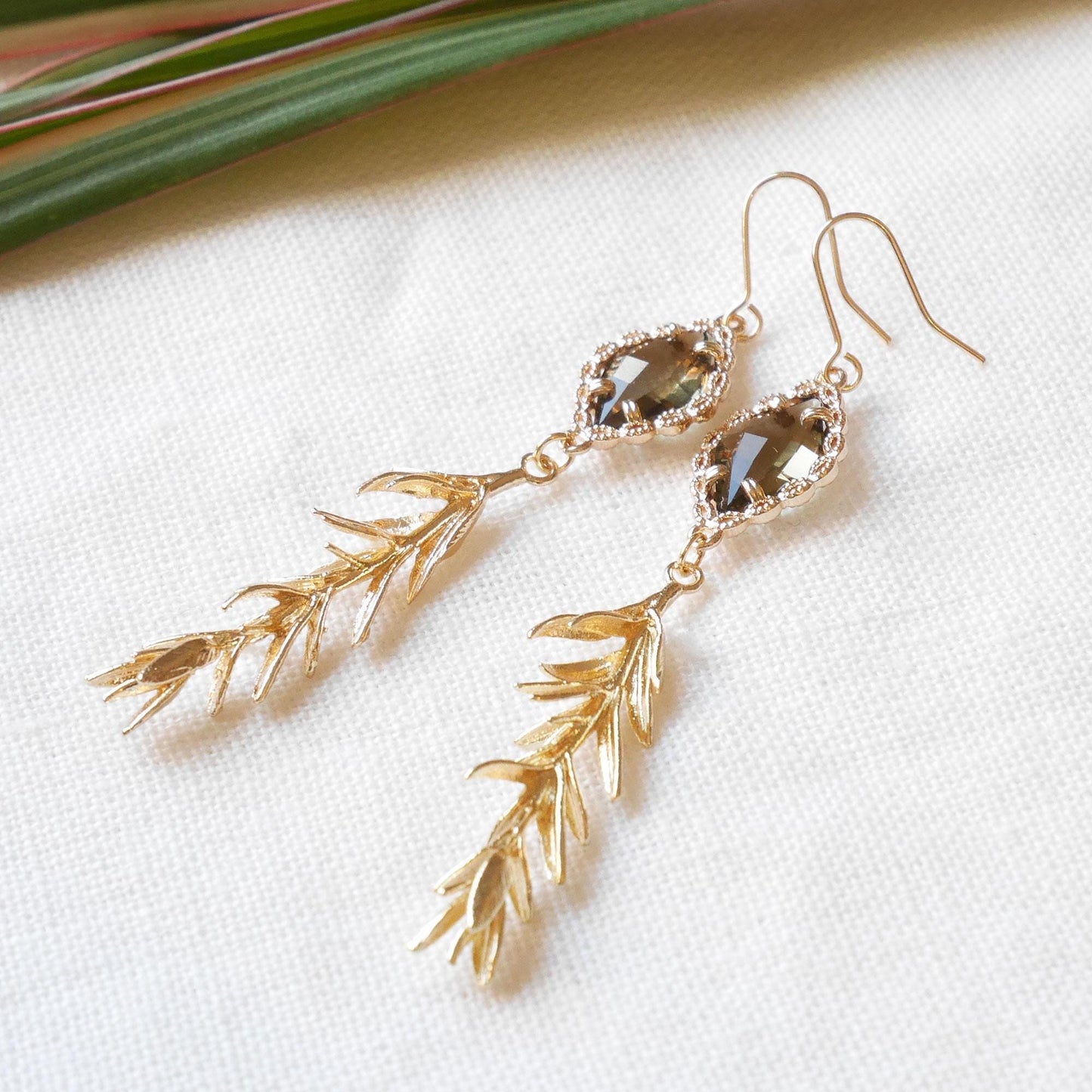 Long smoky leaf earrings | Elegant gold dangle earrings | Glamorous rosemary leaves jewelry | Vintage style statement earrings gift for her