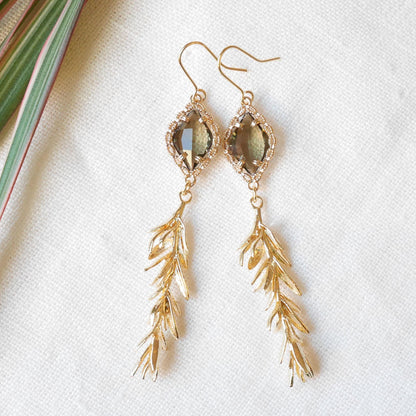 Long smoky leaf earrings | Elegant gold dangle earrings | Glamorous rosemary leaves jewelry | Vintage style statement earrings gift for her