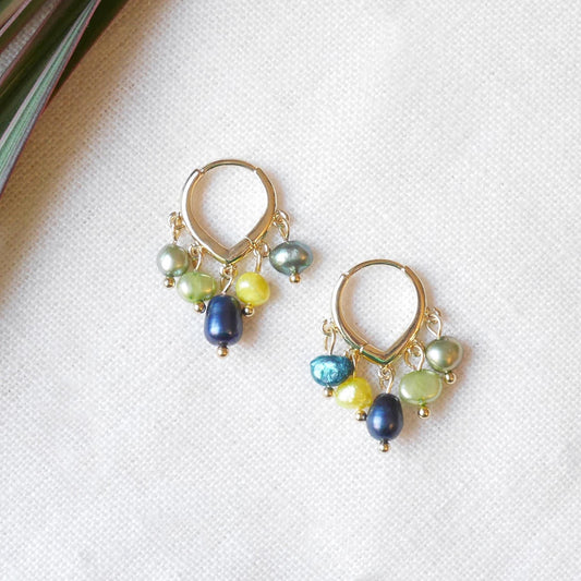 Dark pearls hoop earrings | Round colorful pearls earrings | Muted colors baroque pearl jewelry | Hoops with five freshwater pearls gift