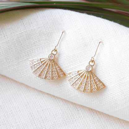 Gold fan earrings | Dainty art deco style drop earrings | Elegant cute zircon earrings | Fan-shaped French hook earrings | Jewelry gift idea