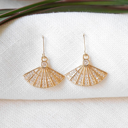 Gold fan earrings | Dainty art deco style drop earrings | Elegant cute zircon earrings | Fan-shaped French hook earrings | Jewelry gift idea