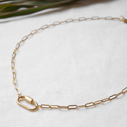 Dainty carabiner paperclip chain necklace | Small mini screw lock necklace with gold stainless steel chain | Add your own charms choker gift