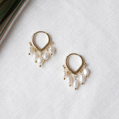 Small freshwater pearl hoop earrings | Five irregular shape pearls round earrings | White bead everyday earrings | Cute jewelry gift for her