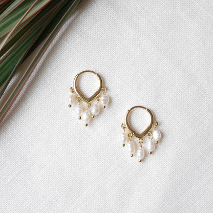 Small freshwater pearl hoop earrings | Five irregular shape pearls round earrings | White bead everyday earrings | Cute jewelry gift for her