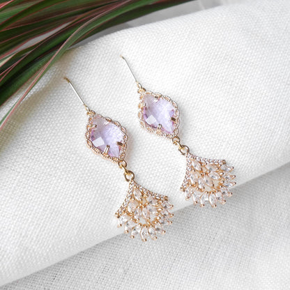 Light purple wedding dangle earrings | Elegant bridal zircon fan earrings | Delicate cute long earrings for the bride | Classic gala jewelry