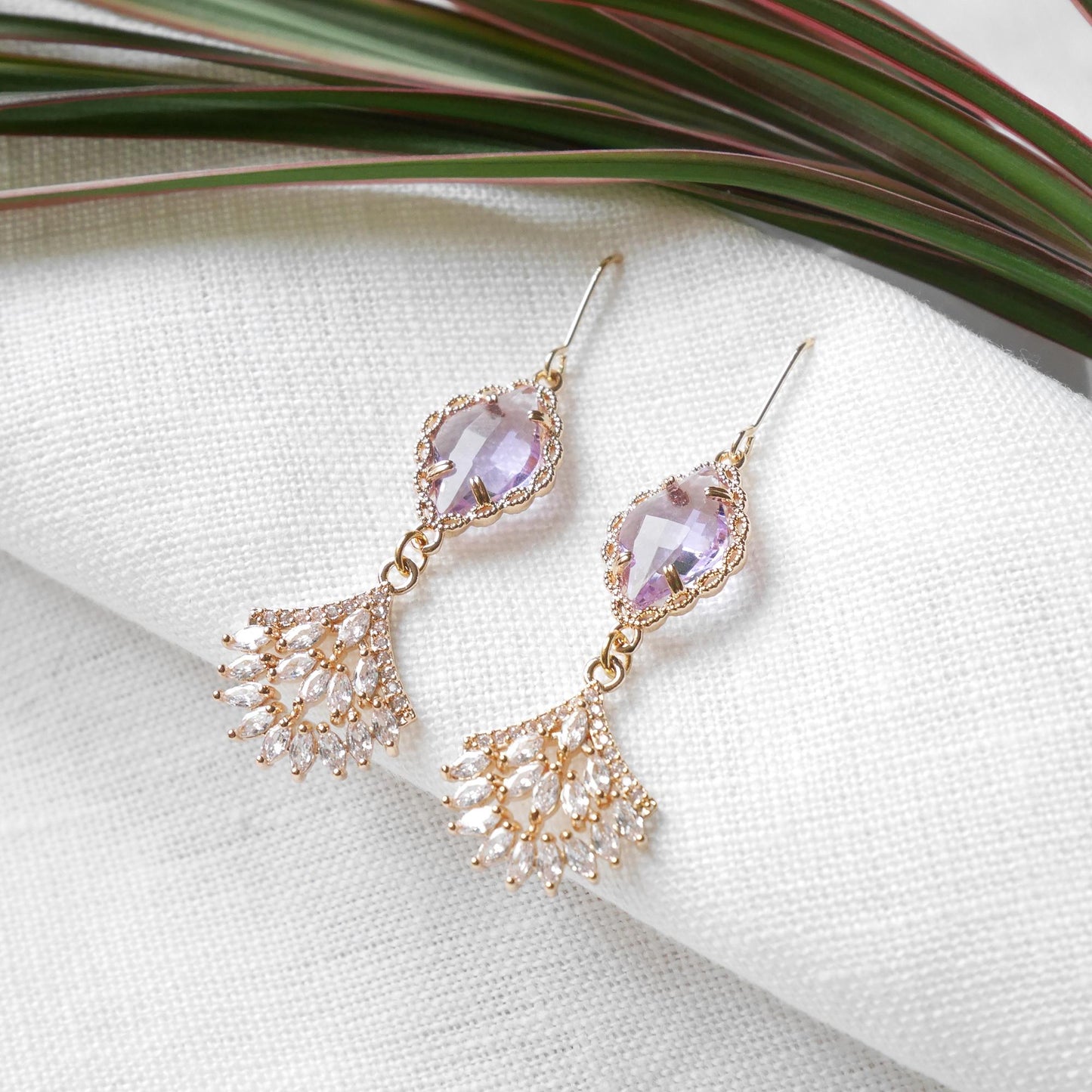 Light purple wedding dangle earrings | Elegant bridal zircon fan earrings | Delicate cute long earrings for the bride | Classic gala jewelry