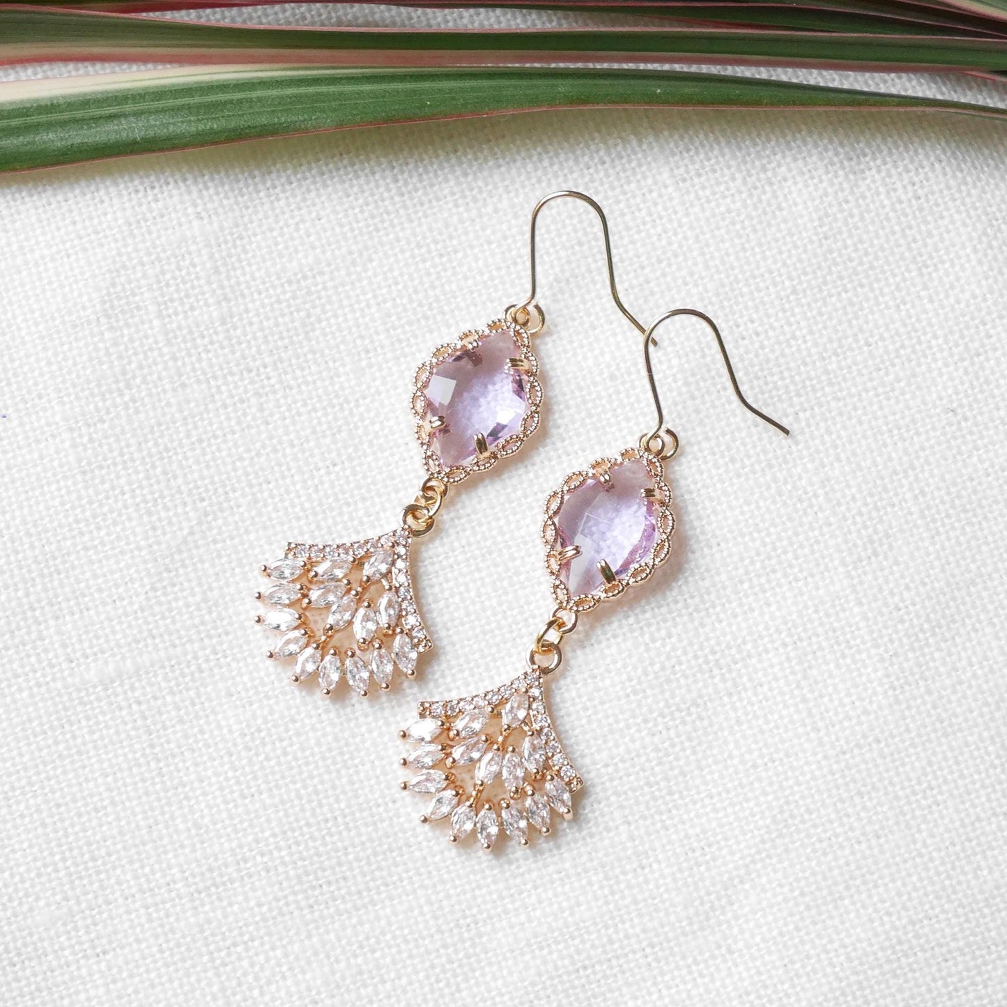 Light purple wedding dangle earrings | Elegant bridal zircon fan earrings | Delicate cute long earrings for the bride | Classic gala jewelry