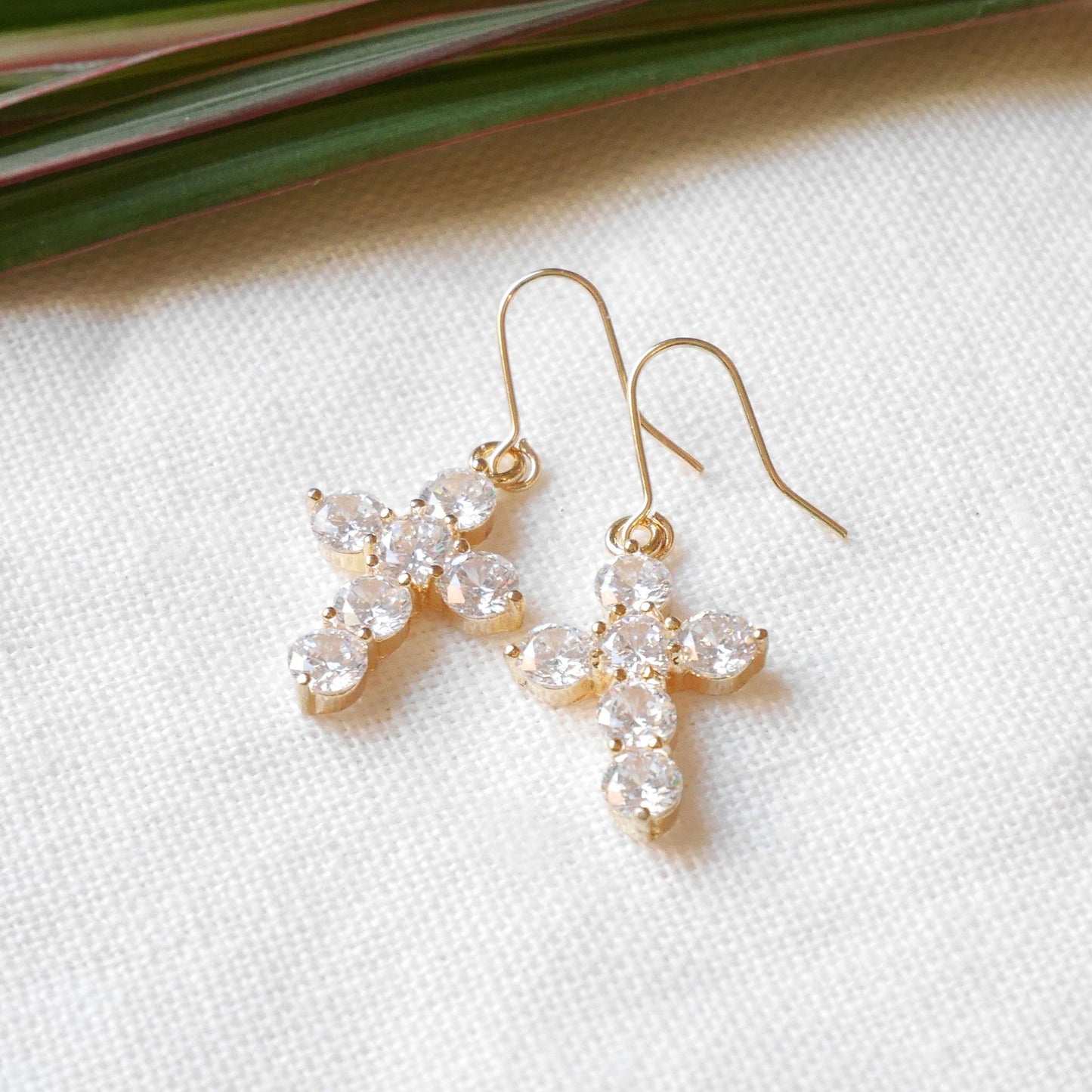 Zircon cross earrings | Gold-plated cross charm drop earrings | Christian jewelry gift for girl | Cute statement dangle earrings for her