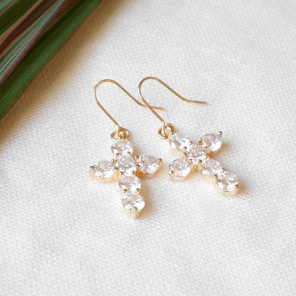 Zircon cross earrings | Gold-plated cross charm drop earrings | Christian jewelry gift for girl | Cute statement dangle earrings for her
