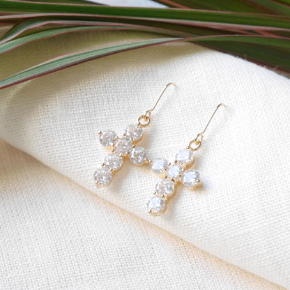 Zircon cross earrings | Gold-plated cross charm drop earrings | Christian jewelry gift for girl | Cute statement dangle earrings for her