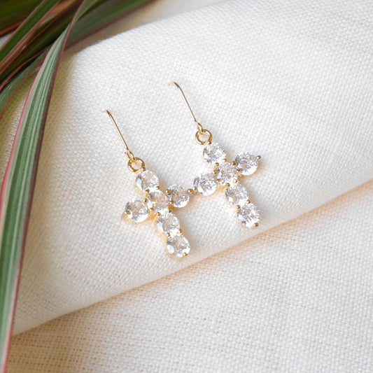Zircon cross earrings | Gold-plated cross charm drop earrings | Christian jewelry gift for girl | Cute statement dangle earrings for her