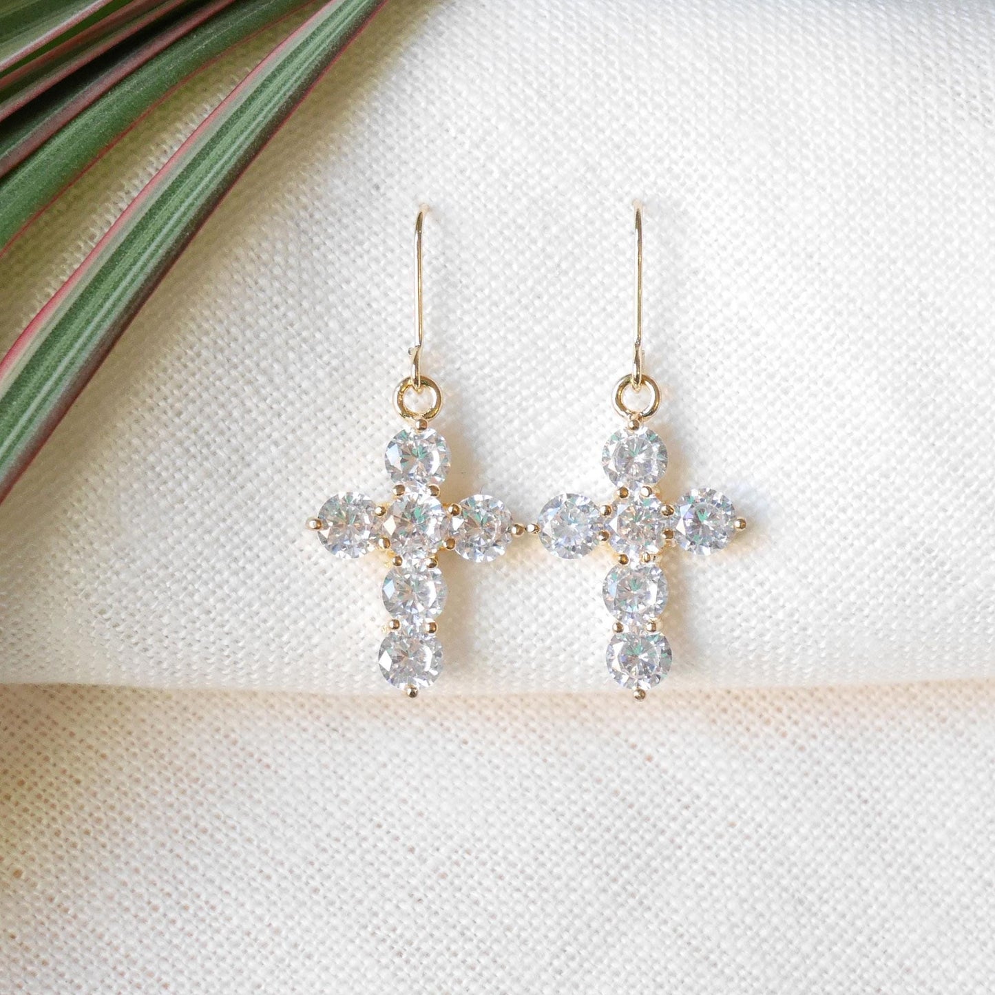 Zircon cross earrings | Gold-plated cross charm drop earrings | Christian jewelry gift for girl | Cute statement dangle earrings for her