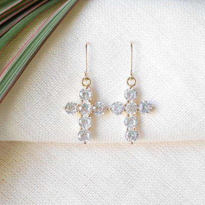 Zircon cross earrings | Gold-plated cross charm drop earrings | Christian jewelry gift for girl | Cute statement dangle earrings for her