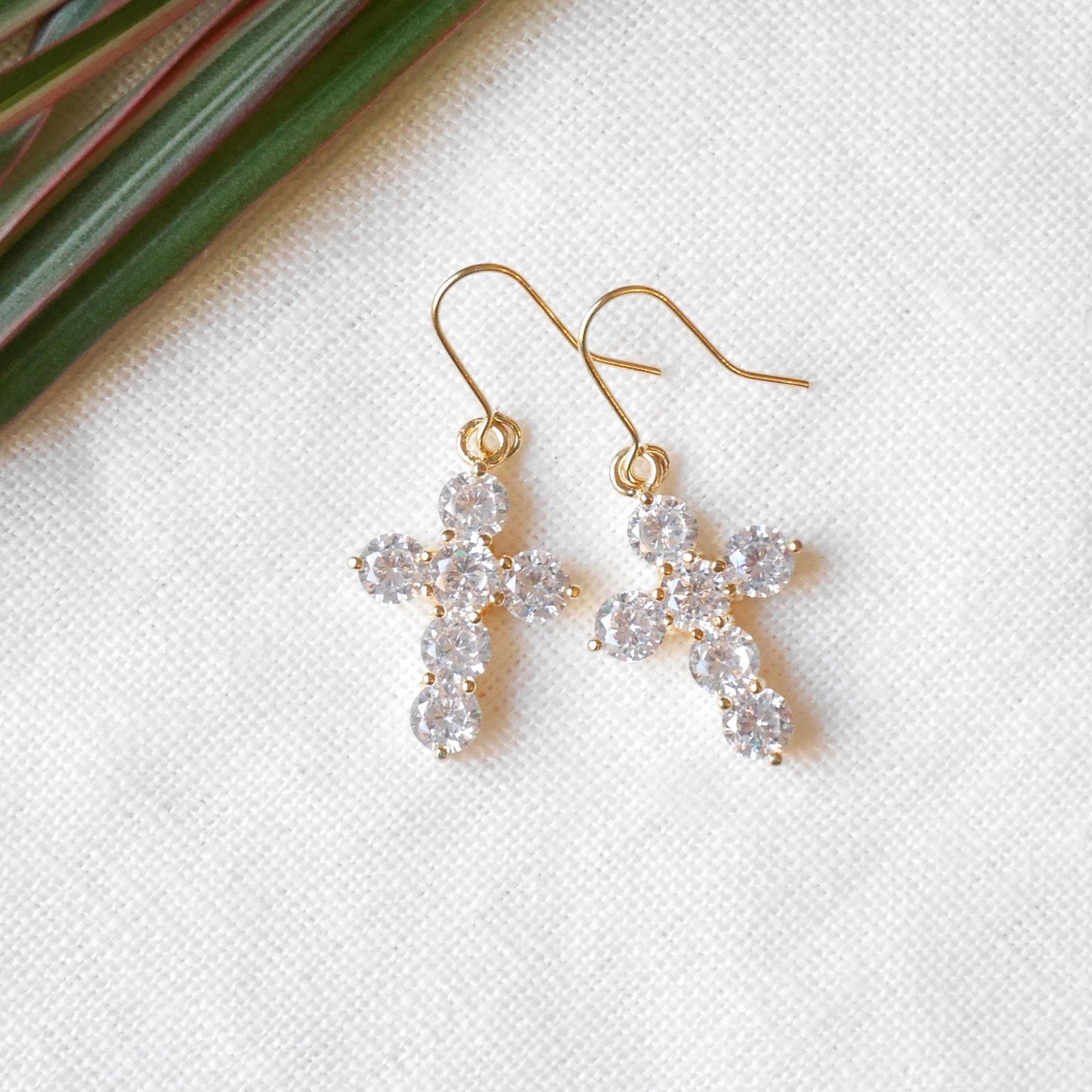 Zircon cross earrings | Gold-plated cross charm drop earrings | Christian jewelry gift for girl | Cute statement dangle earrings for her