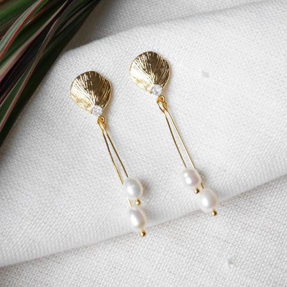 Shell shape pearl dangle earrings | Dainty long freshwater pearl drop earrings | Bridal gold jewelry | Small pearls wedding earrings for her