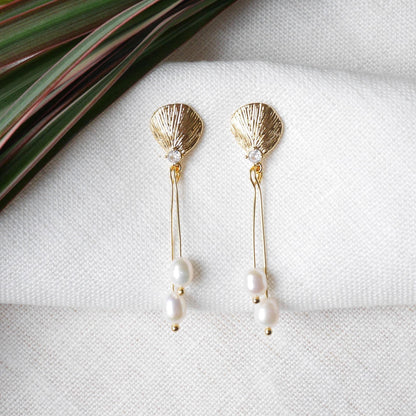 Shell shape pearl dangle earrings | Dainty long freshwater pearl drop earrings | Bridal gold jewelry | Small pearls wedding earrings for her