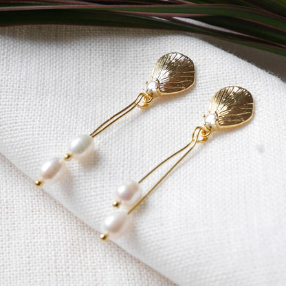 Shell shape pearl dangle earrings | Dainty long freshwater pearl drop earrings | Bridal gold jewelry | Small pearls wedding earrings for her