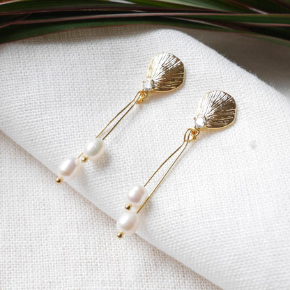 Shell shape pearl dangle earrings | Dainty long freshwater pearl drop earrings | Bridal gold jewelry | Small pearls wedding earrings for her