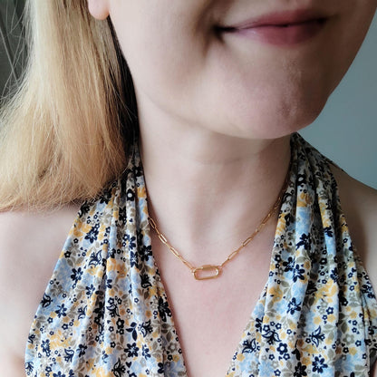 Dainty carabiner paperclip chain necklace | Small mini screw lock necklace with gold stainless steel chain | Add your own charms choker gift