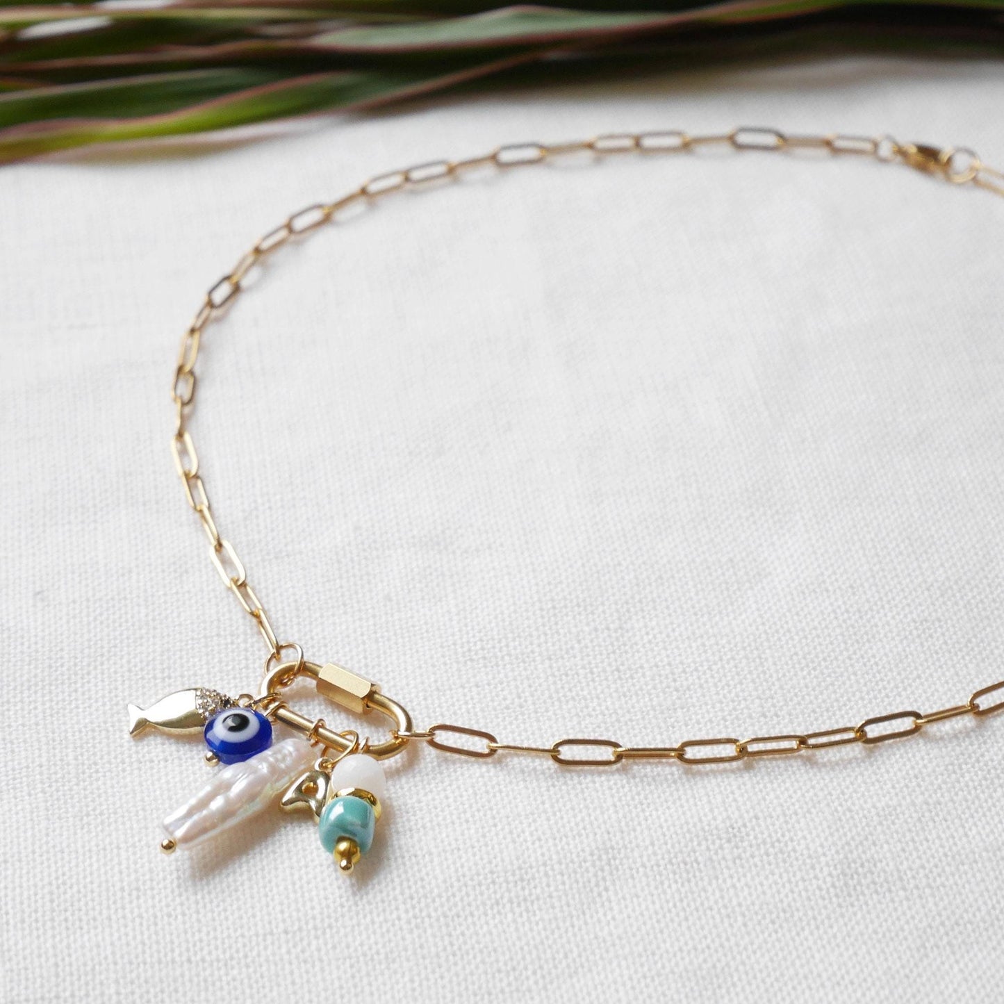 Dainty carabiner charm necklace | Mini lock paperclip chain with pendants | Personalized choker gift for her | Design own customized jewelry