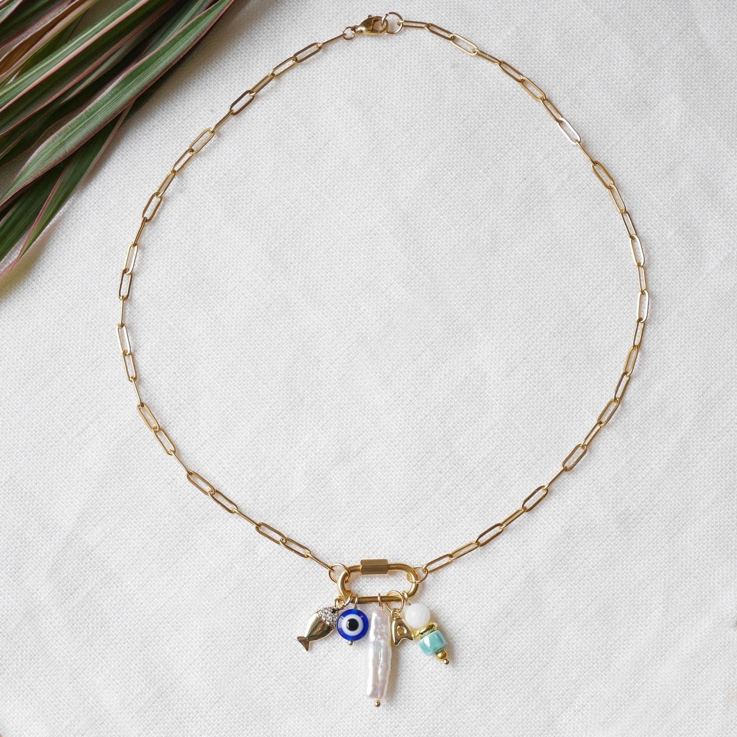 Dainty carabiner charm necklace | Mini lock paperclip chain with pendants | Personalized choker gift for her | Design own customized jewelry