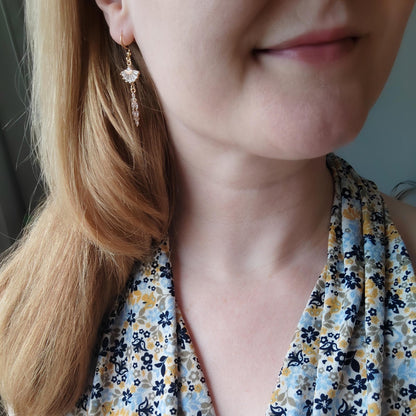 Art deco fan dangle earrings | Dainty art deco style bridal jewelry | 14k gold plated cubic zirconia diamond drop earrings wedding accessory
