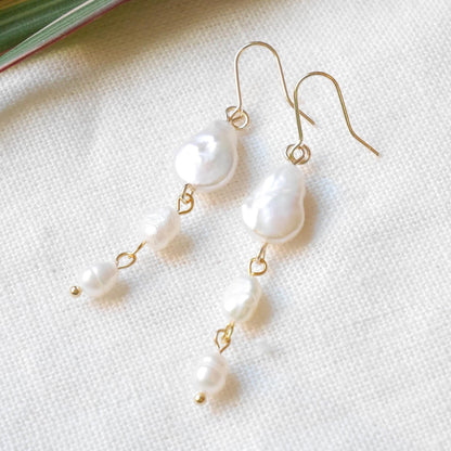 Freshwater pearl dangle earrings | Minimalist three baroque pearls earrings | Simple cascade jewelry | Wedding earrings | Cute gift for her