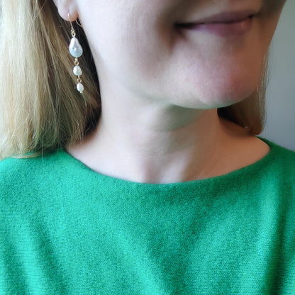 Freshwater pearl dangle earrings | Minimalist three baroque pearls earrings | Simple cascade jewelry | Wedding earrings | Cute gift for her