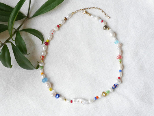 Colorful freshwater pearl necklace | Chunky multicolor beaded choker | Pearls and beads necklace | Funky cute mixed beads jewelry for her