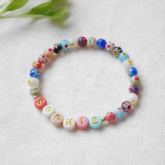Millefiori name bracelet | Colorful initial bracelet | Custom gift for kids and adults | Personalized word multicolor flower beads jewelry