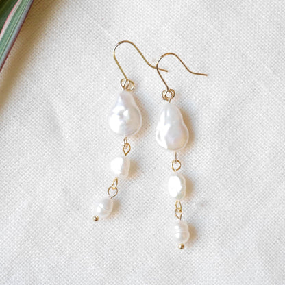 Freshwater pearl dangle earrings | Minimalist three baroque pearls earrings | Simple cascade jewelry | Wedding earrings | Cute gift for her