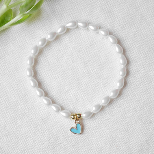 Glass pearl mini heart bracelet | Faux pearl bracelet with small colorful charm | Cute jewelry gift for her |  Elastic stretch core bracelet