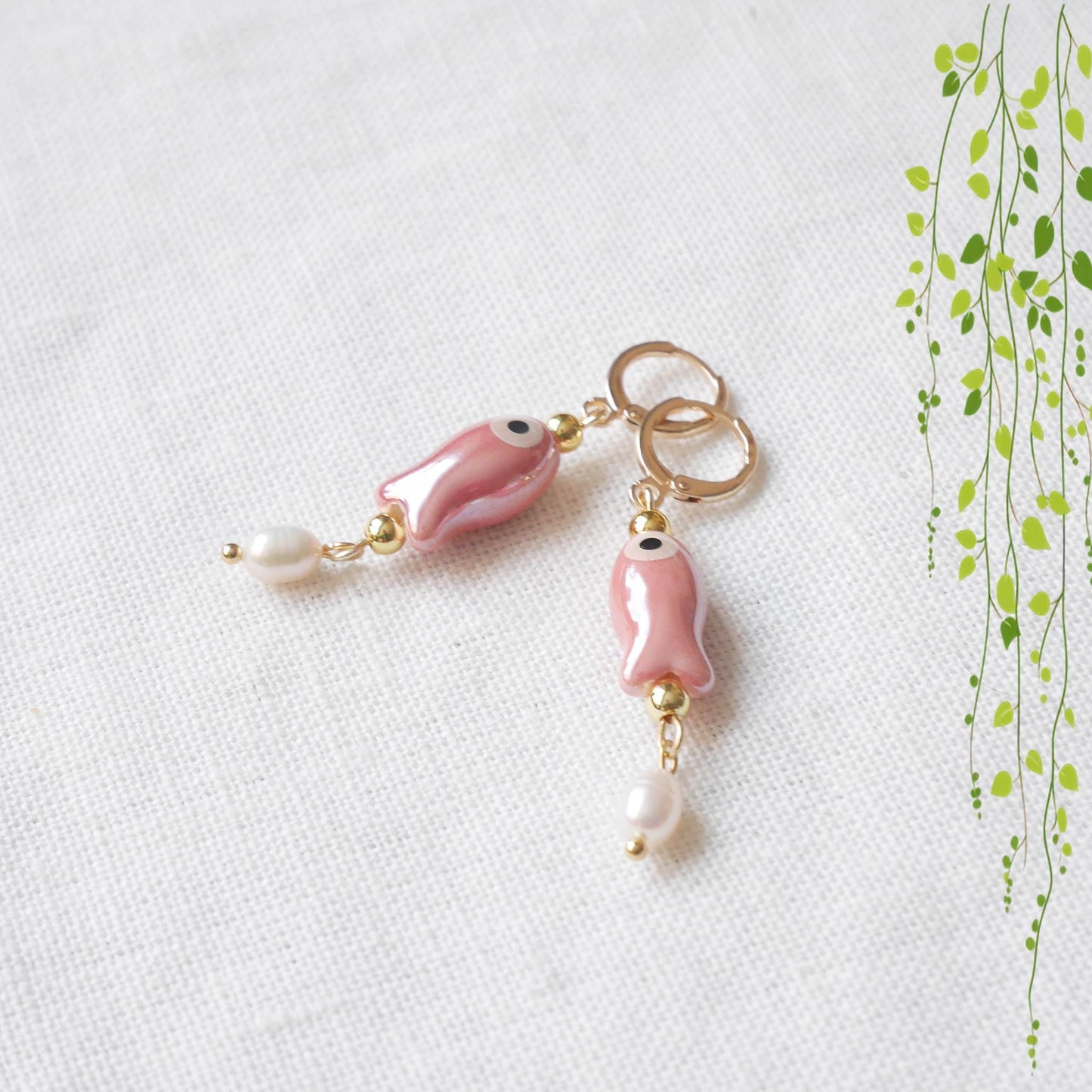 Cute ceramic drop earrings | Porcelain fish dangle with freshwater pearls | Quirky pink green dainty hoop earrings | Fun summer gift for her