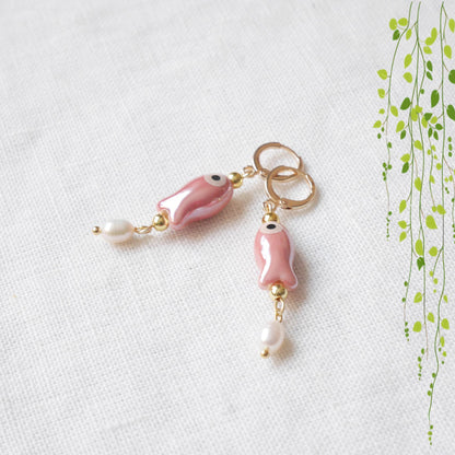 Cute ceramic drop earrings | Porcelain fish dangle with freshwater pearls | Quirky pink green dainty hoop earrings | Fun summer gift for her