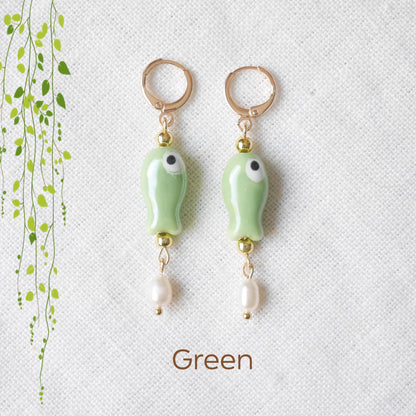 Cute ceramic drop earrings | Porcelain fish dangle with freshwater pearls | Quirky pink green dainty hoop earrings | Fun summer gift for her