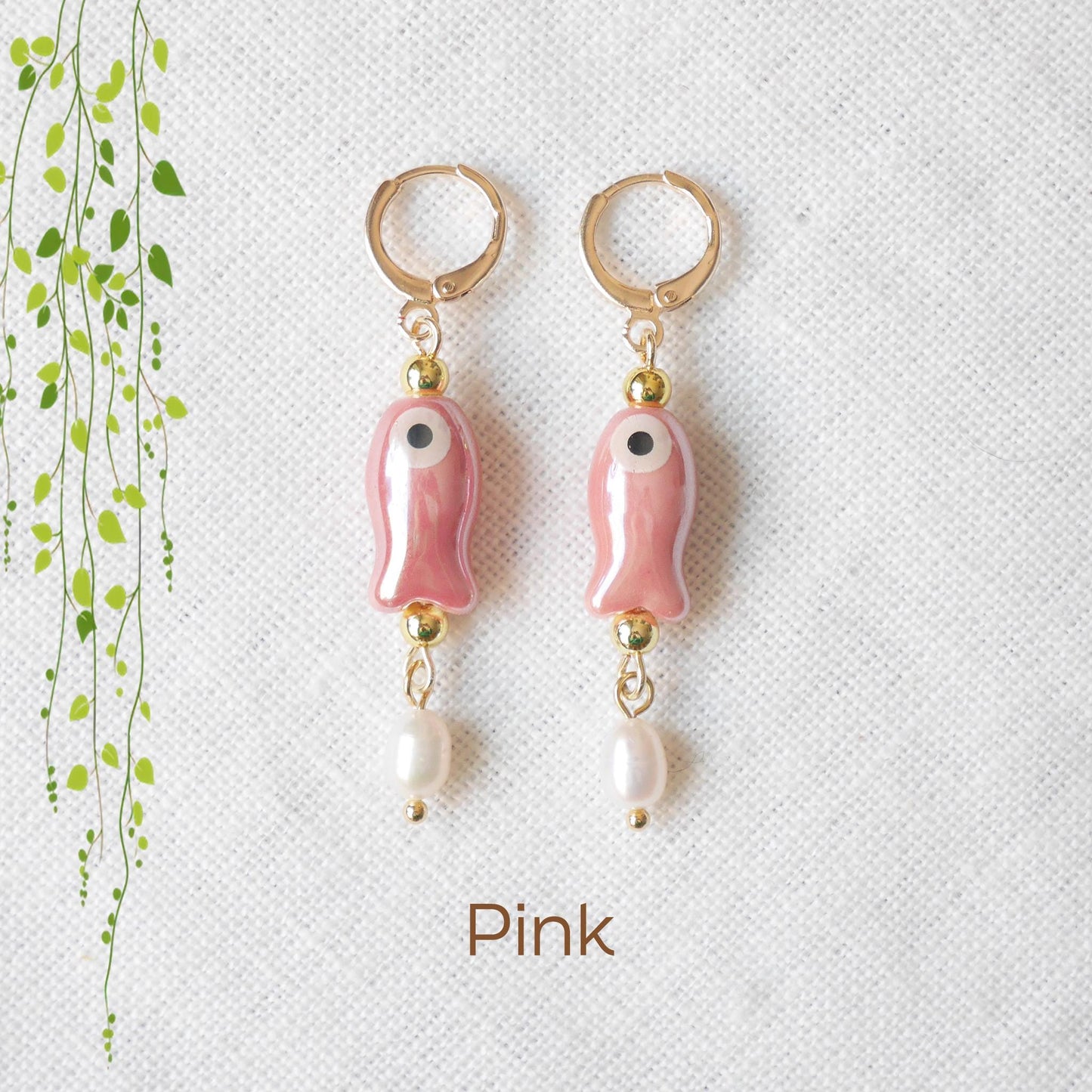 Cute ceramic drop earrings | Porcelain fish dangle with freshwater pearls | Quirky pink green dainty hoop earrings | Fun summer gift for her