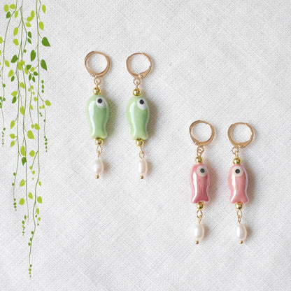 Cute ceramic drop earrings | Porcelain fish dangle with freshwater pearls | Quirky pink green dainty hoop earrings | Fun summer gift for her