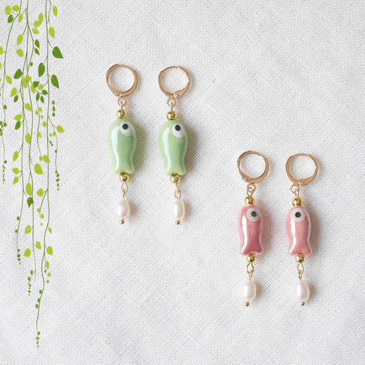 Cute ceramic drop earrings | Porcelain fish dangle with freshwater pearls | Quirky pink green dainty hoop earrings | Fun summer gift for her