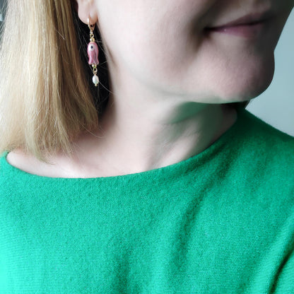 Cute ceramic drop earrings | Porcelain fish dangle with freshwater pearls | Quirky pink green dainty hoop earrings | Fun summer gift for her