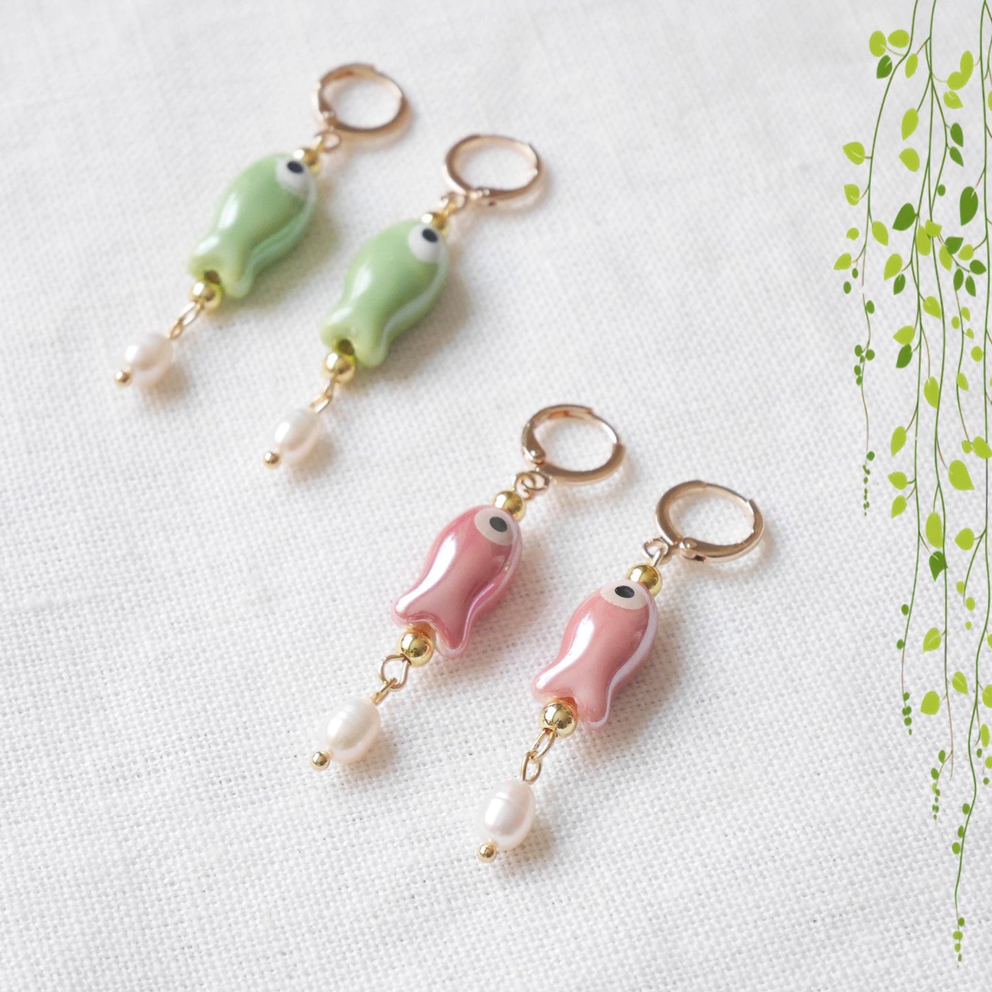 Cute ceramic drop earrings | Porcelain fish dangle with freshwater pearls | Quirky pink green dainty hoop earrings | Fun summer gift for her